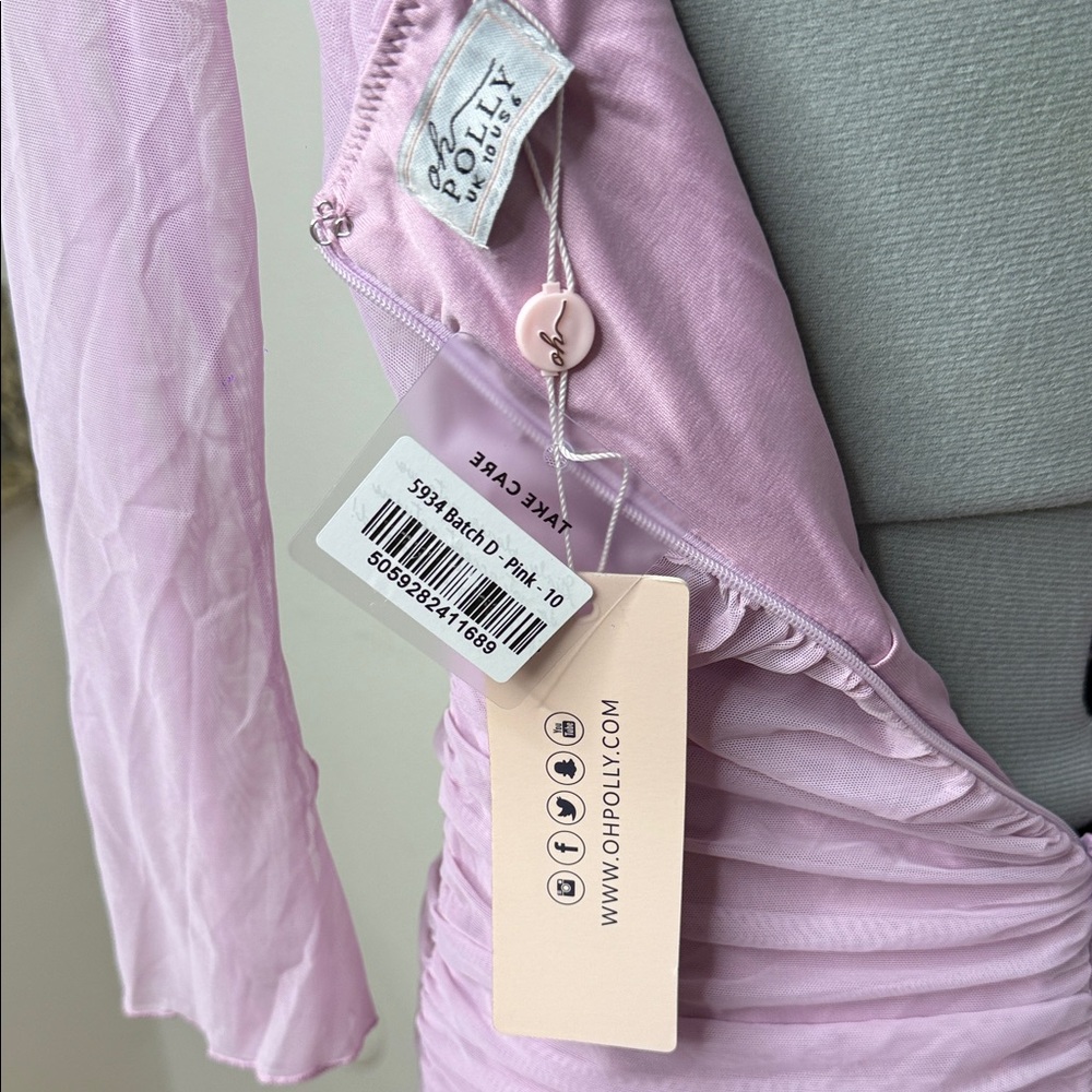 Oh Polly Pink Ruched Mesh Mini Dress Long Sleeve Bodycon Size 6 NWT - Picture 9 of 10